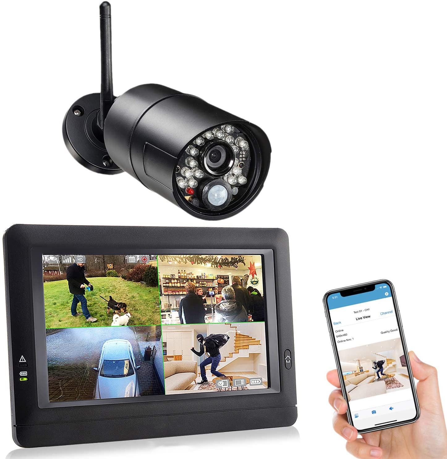 Kamera Bildschirm und Handy-Display zeigen Überwachungsaufnahmen